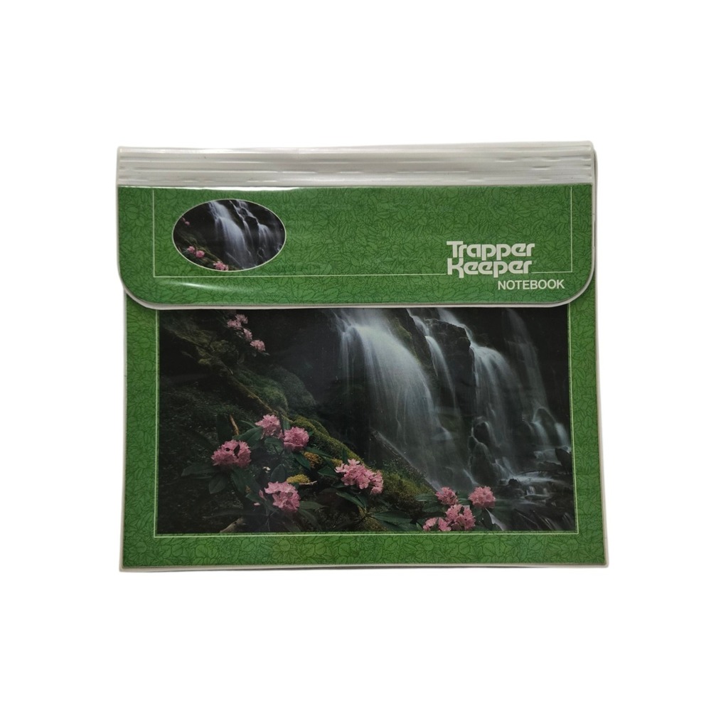 VINTAGE 80s Mead TRAPPER KEEPER 3 Ring Binder Green With Waterfall Photo